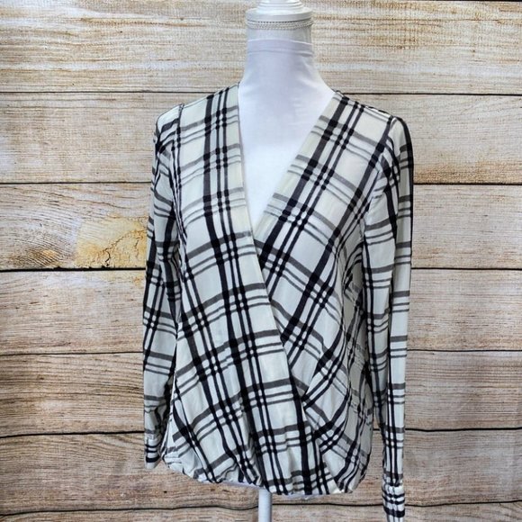 INC windowpane Faux Wrap Long Sleeve Blous… - Picture 2 of 8